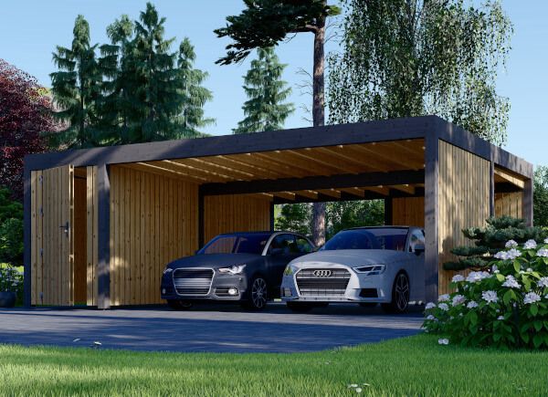 Dubbel carport i trä LUNA DUO F PLUS med förråd och sidopanel, 7,6x5,6 m avp.ui.product_images.thumbnail 1