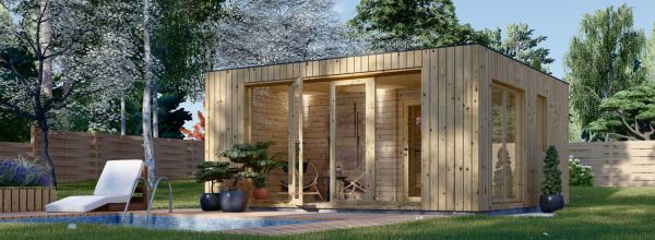 Bastuhus med relax och duschrum DELLA (34 mm + fasadbeklädnad), 5,1 x 5,1 m, 22 m²