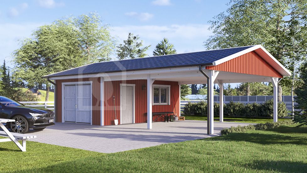 Garage byggsats - enkelgarage LORA ALT MULTI, 4x6 m, 22 m² - med carport 6x6 m visualization 1