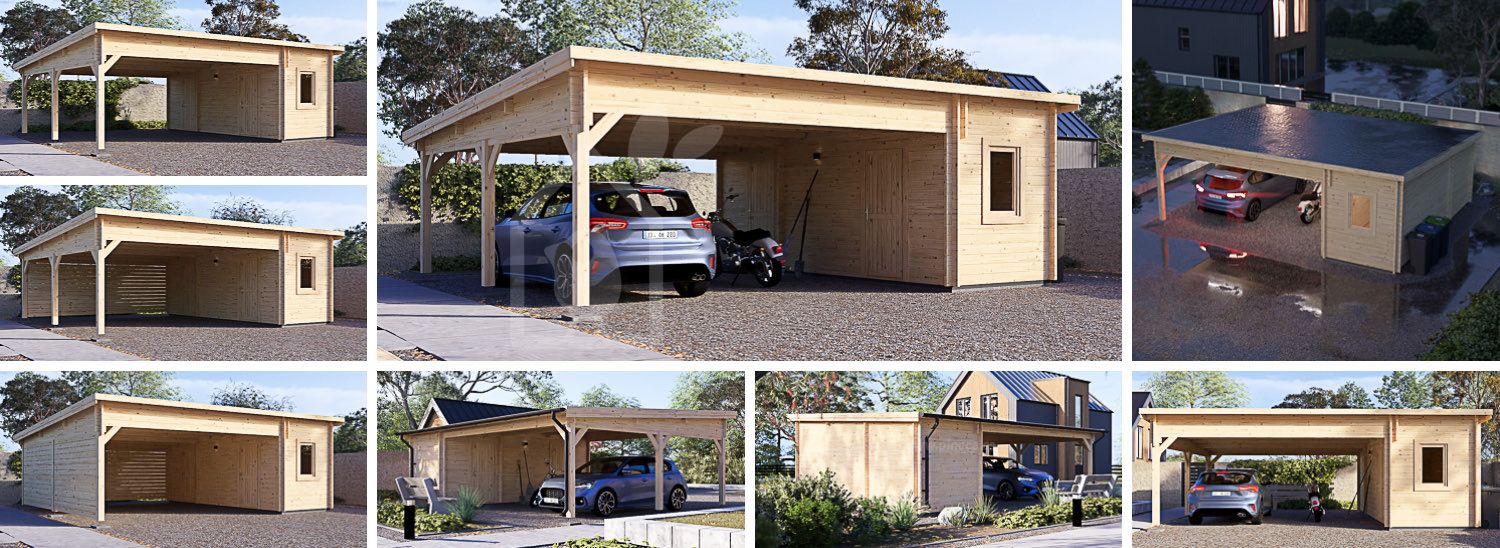 Dubbel carport i trä MODERN DUO med förråd, 5.95x7.5 m visualization 1