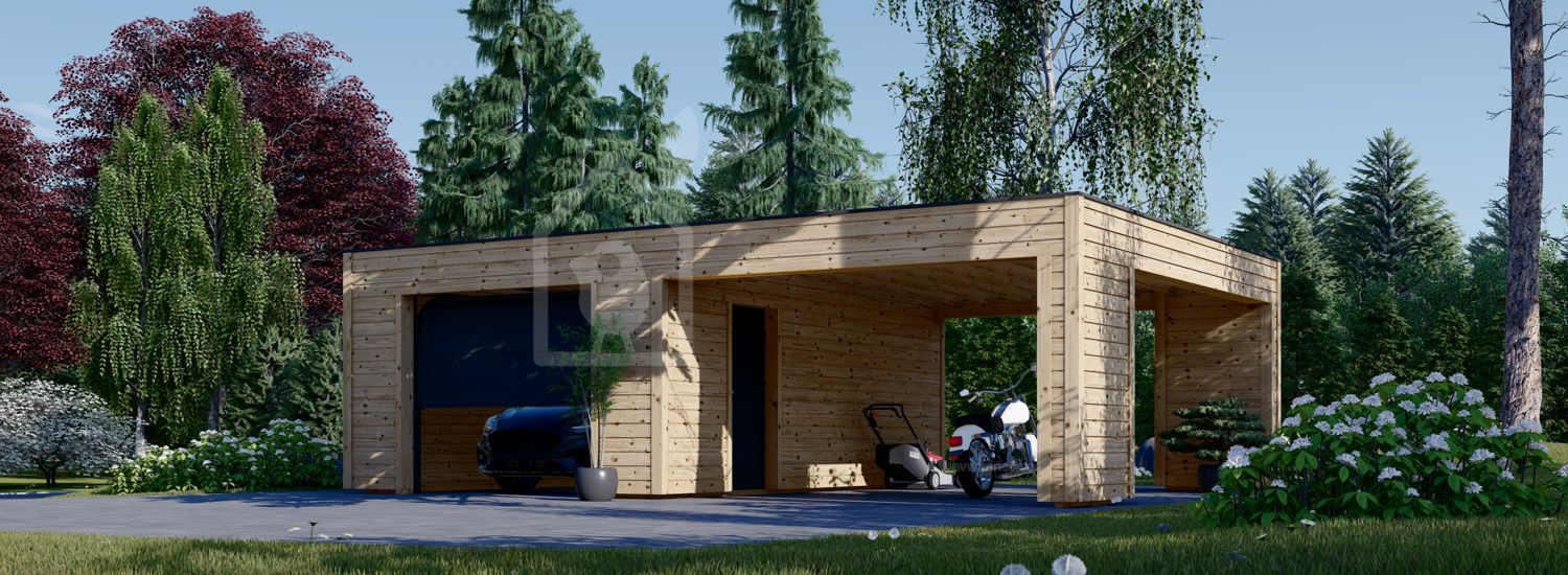 Enkelgarage SILVIA F (34 mm + fasadbeklädnad), 4x6 m, med carport 4x6 m visualization 1