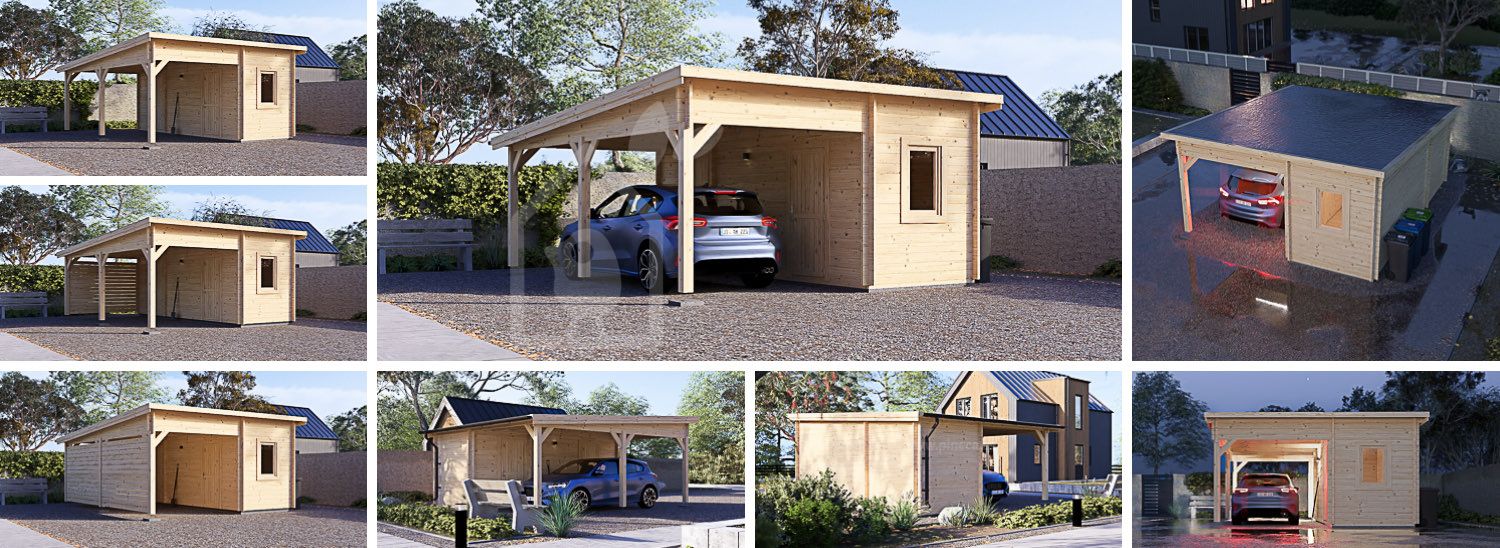 Enkel carport i trä MODERN med förråd, 5.95x5 m visualization 1