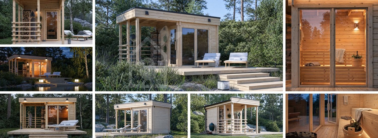 Bastustuga FREJA med övertäckt terrass (massivt timmer) – 4,5×2,5 m, 9,15 m² visualization 1