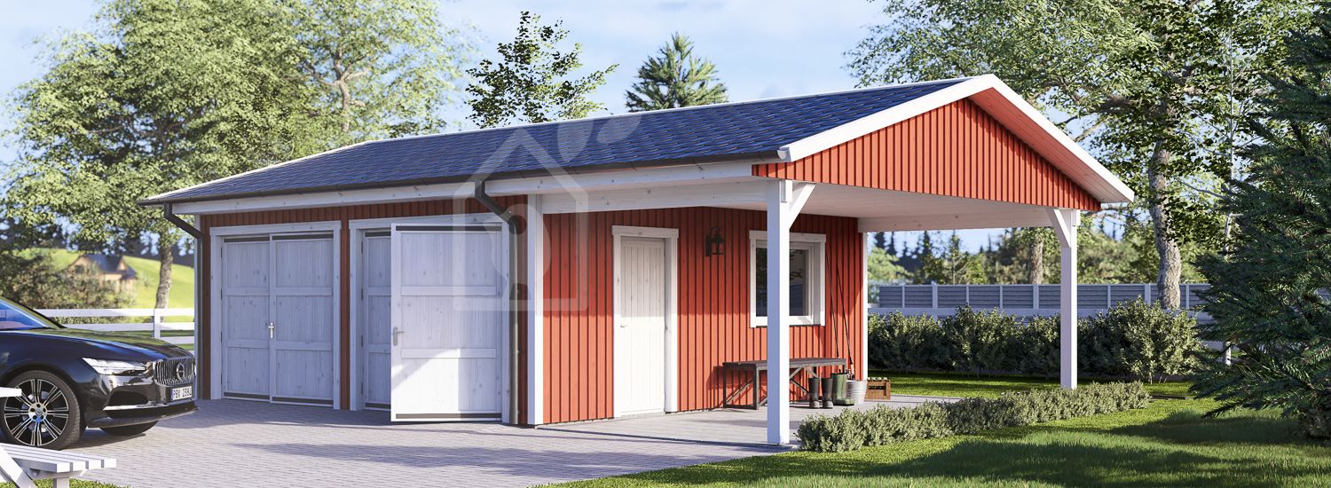 Garage byggsats - dubbelgarage LORA ALT DUO MULTI, 6x6 m, 33 m² - med carport 3x6 m visualization 1