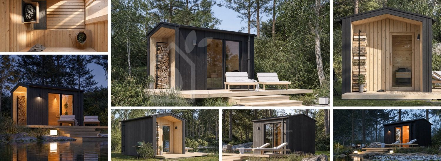 Bastustuga SERENE 1 med veranda (bränt trä + naturlig tall) – 3,3×2,5 m, 6,25 m² visualization 1