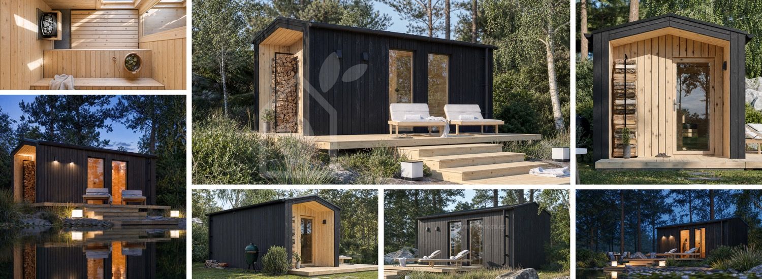Bastustuga SERENE 3 med omklädningsrum & veranda (bränt trä + naturlig tall) – 5,3×2,5 m, 10,65 m² visualization 1