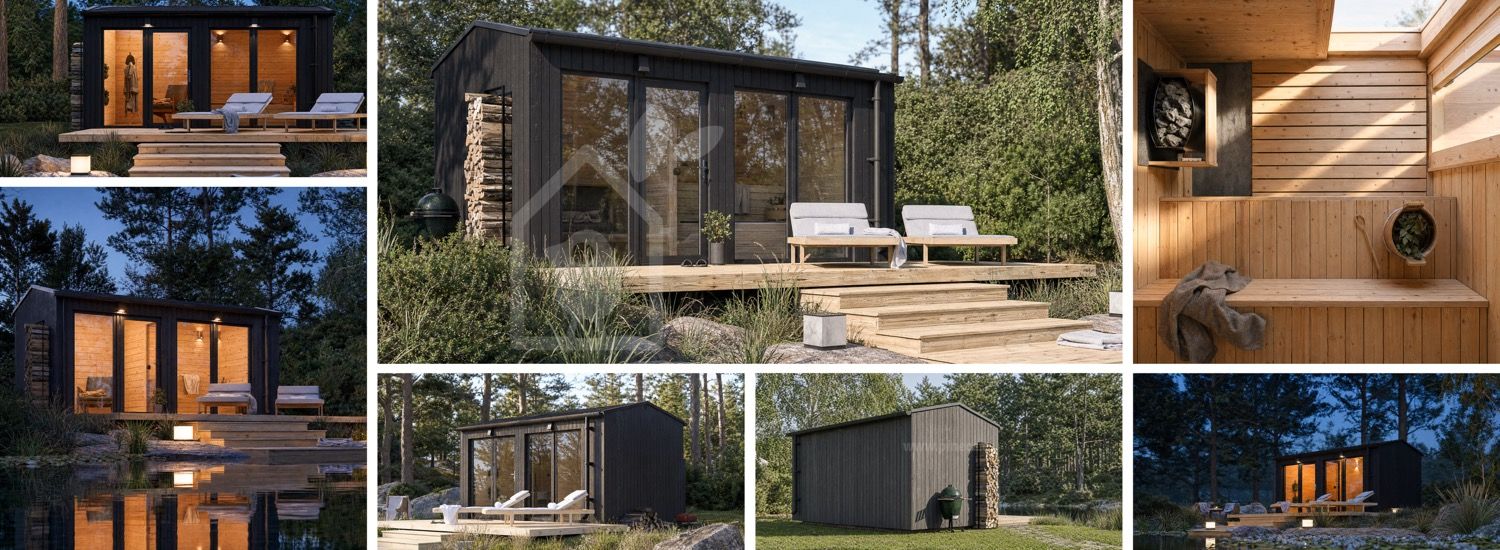 Bastustuga SERENE 2 med omklädningsrum (bränt trä) – 4,5×2,5 m, 9,35 m² visualization 1