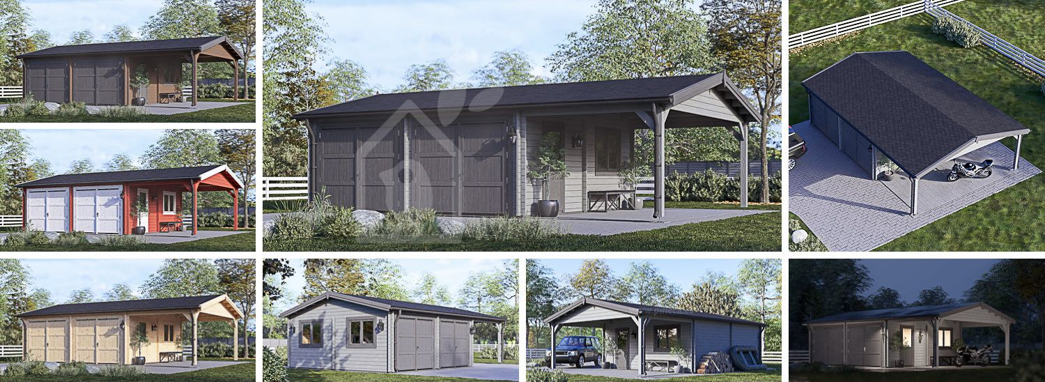 Dubbelgarage MULTI (44 mm) 6x6 m med enkel carport 3x6 m visualization 1