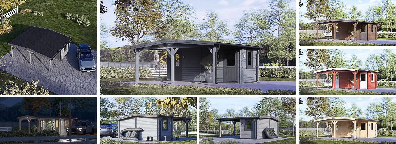 Enkel carport i trä 3x6 m med förråd (44 mm), 2x6 m visualization 1